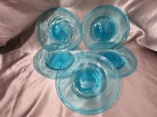 Set Of 5 Vintage Hand Blown Glass Asymmetrical Aqua Blue Swirl Plates 7 "