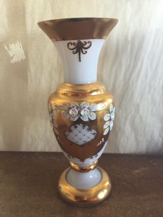 Bohemian Glass White Gold Hand Painted Enamel Flowers Large Vase