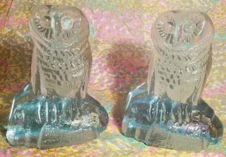 Vtg Large Mcm Blenko Handmade Blue Glass Owl Pair Figurines Bookend