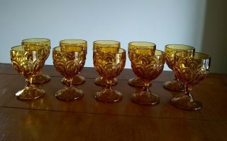 Set 10 Vintage 1950s Amber Moon Stars 6 Oz Pedestal Wine Cordial Goblets Glasses
