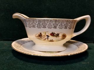 Homer Laughlin Currier & Ives Winter Scenes Gravy Boat W/ Underplate M4
