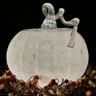 Zorza Hand Blown Art Glass,  Clear & White Fall,  Harvest Halloween Pumpkin - Nwt