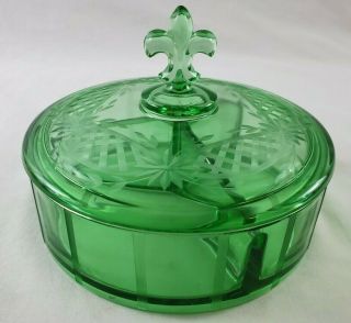 Vintage Green Depression Glass Etched In " Pineapple " Theme Candy Dish W/lid