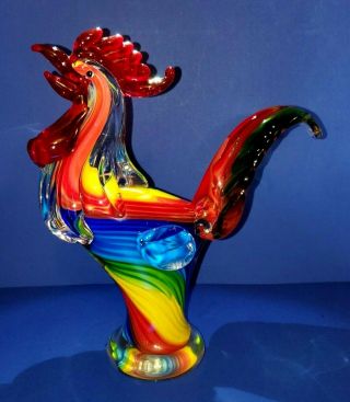 Stunning Hand Blown Art Glass Rooster - Swirl Of Colors - Flawless