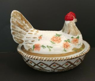 Vintage Hand Painted Westmoreland Glass Hen On Nest w/ sticker 2