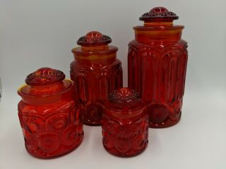 Vintage Le Smith Amberina Ruby Glass Apothecary Jar Canister Set Moon And Stars