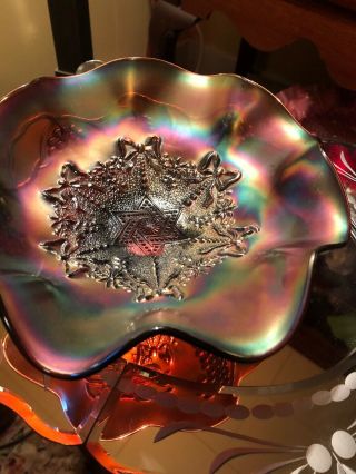 Antique Amethyst Carnival Glass Dish By Northwood,  " Star Of David " Pattern 1906 -