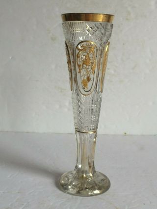 Antique Moser Cut Glass Gilt Enamel Flower Bud Vase 8 1/8 " Tall