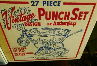 Vtg 26 Pc Anchor Hocking Crystal Glass Punch Bowl Set Box Grapes Design