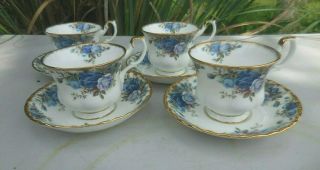 Royal Albert England Blue Moonlight Rose Teacup Tea Cup & Saucer Set Of 4