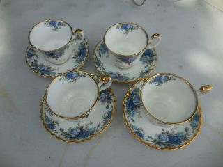 Royal Albert England Blue MOONLIGHT ROSE Teacup Tea Cup & Saucer Set of 4 2