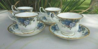 Royal Albert England Blue MOONLIGHT ROSE Teacup Tea Cup & Saucer Set of 4 3