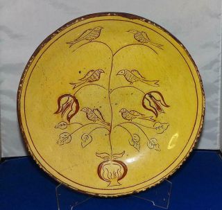 1994 Signed " Greg Shooner " Redware Folk Art Pottery 10 " Charger Plate Birds/tree