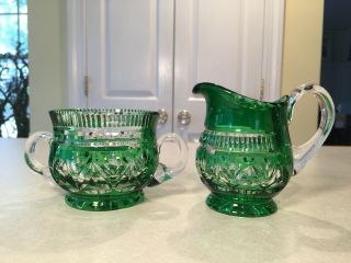 Vintage Emerald Glass Cut To Clear Green Glass Creamer & Sugar Bowl Set