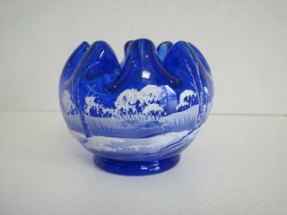Fenton Glass Rose Bowl Cobalt Blue Hand Painted Winter Snow Scene Signed