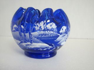 Fenton Glass Rose Bowl Cobalt Blue hand painted Winter Snow Scene Signed 2