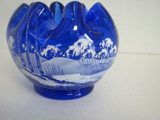 Fenton Glass Rose Bowl Cobalt Blue hand painted Winter Snow Scene Signed 3