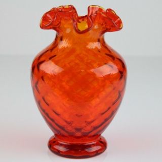 Rare Fenton Glass Tangerine Orange Amberina Diamond Optic Double Crimped Vase