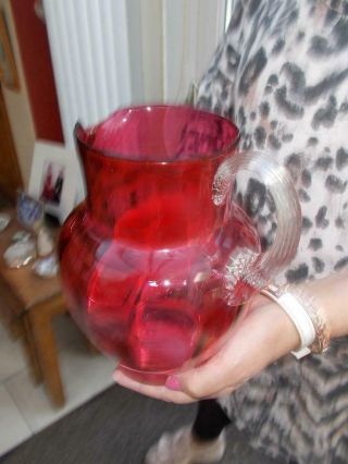 Large Antique Cranberry Ruby Glass Vase Crimped Ribbed Clear Glass Handle