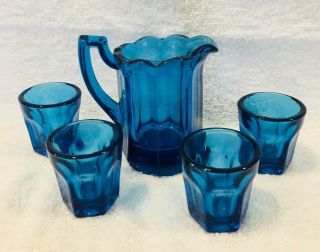 Old Bright Blue Toy Children’s Pitcher & 4 Glasses Shp