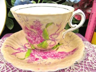 Paragon Tea Cup And Saucer Pink Lilac Pattern Painted Teacup Pink Ribbon Peach