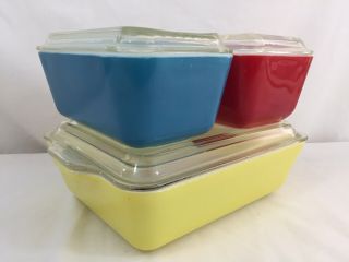 Vtg Pyrex 8 Piece Refrigerator Dish Set With Lids 501 502 503 Primary Colors