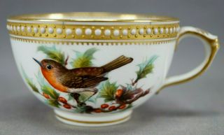 Royal Worcester Hand Painted Birds Berries & Jeweled Demitasse Cup C.  1878