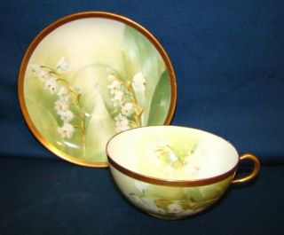 Coronet Limoges Cup & Saucer W/ Hand Painted Lilies Of The Valley
