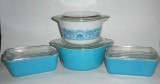 Vintage Pyrex 8 Pc Primary Blue Refrigerator Dishes & Casseroles W/ Lids