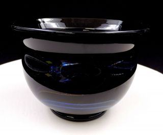 Charles Lutner Signed Art Glass Black And Blue Pulled Feather 4 1/2 " Bowl 1973