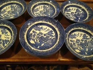 9 Vintage Churchill England Blue Willow Porcelain 8” Round Soup Salad Bowls