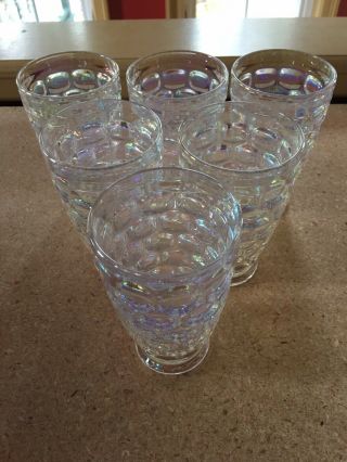 6 Vintage Federal Glass Iridescent Thumbprint 5.  5” Footed 10 Ounce Tumblers