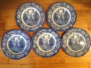 5 Liberty Blue Staffordshire Independence Hall Dinner Plates England