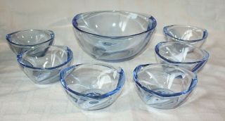 Rare Vintage Sklo Union Glass Dessert Bowl Set,  Attr Peceny,  Hermova Hut,  Blue