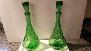Empoli Glass Green Genie Bottle Decanter With Large Recessed Dots Vintage