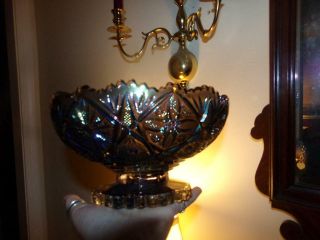 Vintage Imperial Carnival Glass Amethyst Compote Cross Cut Pattern Fruit Bowl