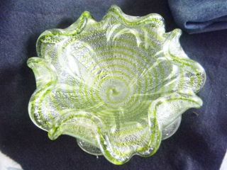 Vintage Murano Barovier Toso Art Glass Bowl Pistacho Green Silver Ec Swirl