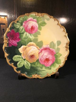 Antique L R L.  Limoges France Floral Gold Signed Wall Plate 10”