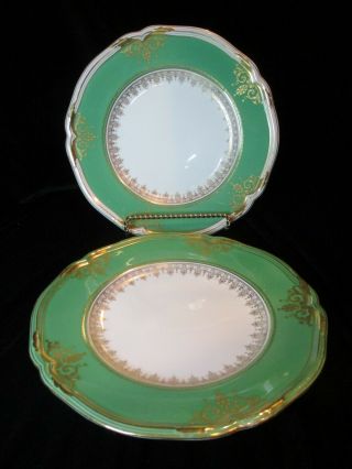 Antique Mintons England Gold Encrusted Green 2 Dinner Plates Scalloped 10 3/4 "