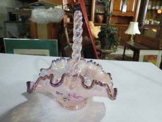 Fenton Signed Hand Painted Art Glass Opaque Pink Color Basket Signed