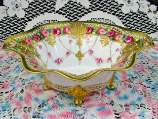 Nippon Hand Painted Beaded & Jewelled Pink Rose Gold Swags Footed Bowl