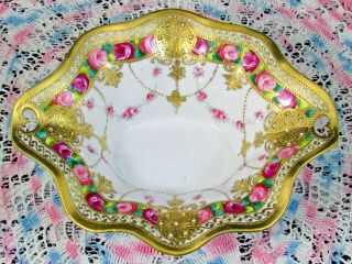 NIPPON HAND PAINTED BEADED & JEWELLED PINK ROSE GOLD SWAGS FOOTED BOWL 2