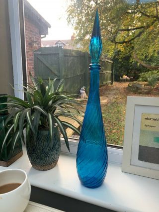 Vintage Empoli Blue Glass Genie Bottle Decanter Italy 60s Mid Century 57cm Tall