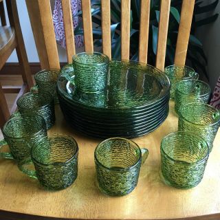 Anchor Hocking Avocado Green Soreno Glass Snack Set Plates & Cups 20 Piece Set