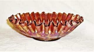 Atq Iridescent Pink Paisley Scalloped Fluted 10 " Carnival Glass Bowl Berries Euc