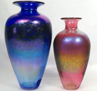 2 Robert Held Art Glass Vases Cobalt Blue Dichroic Iridescent Purple 10 - 1/4 ",  8 "