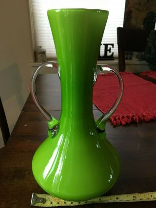 Vintage Italian Italy Lime Green Cased Art Glass Empoli Pitcher/vase 9 7/8 Tall