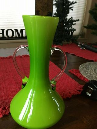 Vintage Italian Italy Lime Green Cased Art Glass Empoli Pitcher/vase 9 7/8 Tall 7