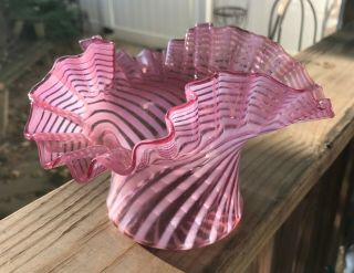 Vintage Mid Century 5 " Fenton Glass Spiral Optic Cranberry Vase Crimped Swirl
