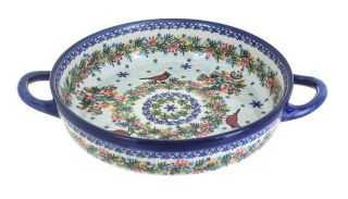Blue Rose Polish Pottery Winter Cardinal Small Round Baker With Handles